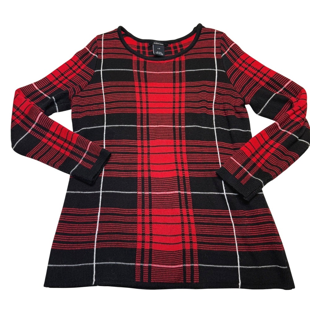 Alison Sheri Womens‎ L/G Plaid Long Sleeve Sweater Red Black White Knit